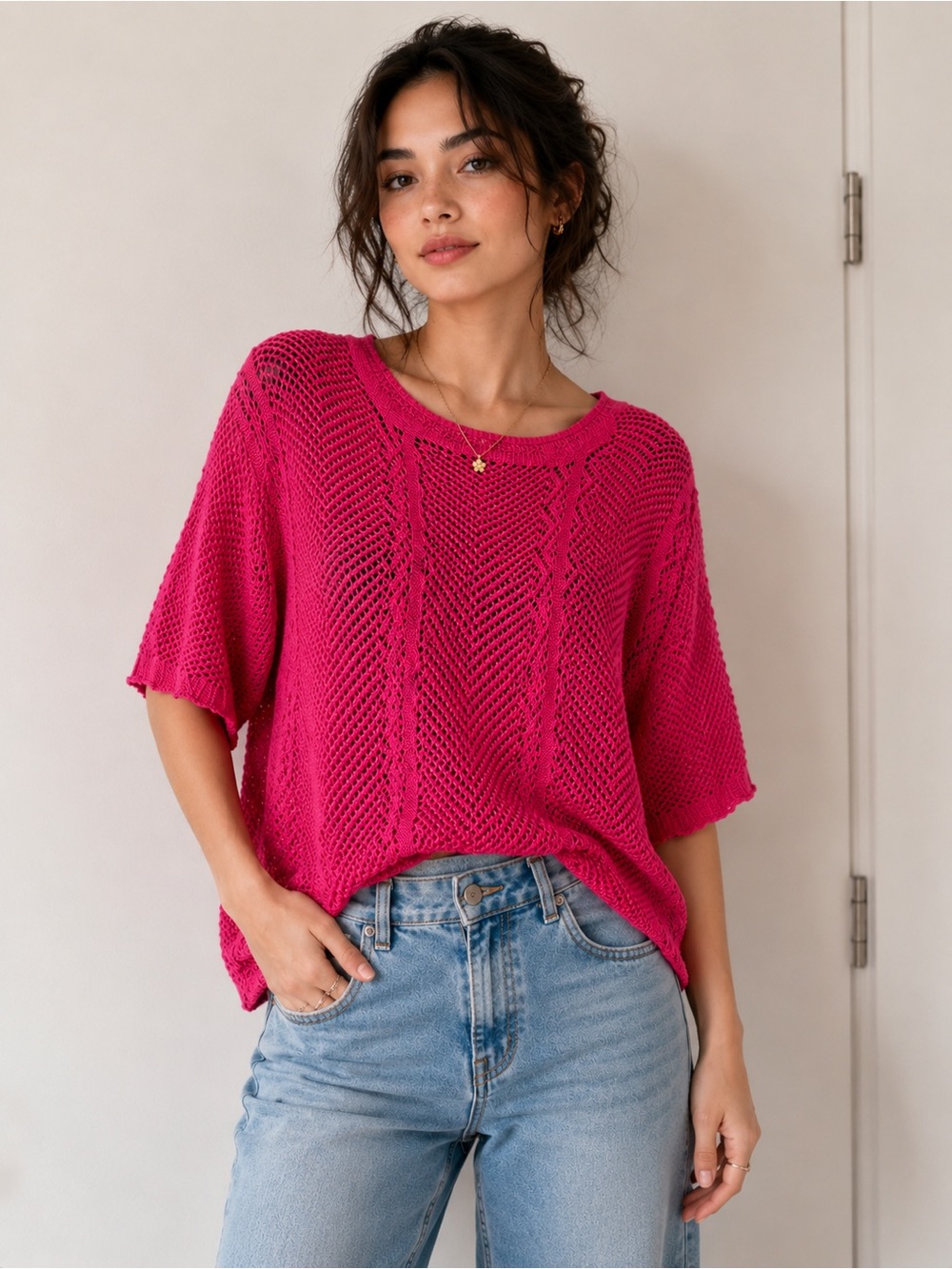 Lee Bright Fuchsia Open Weave Short Sleeve Top